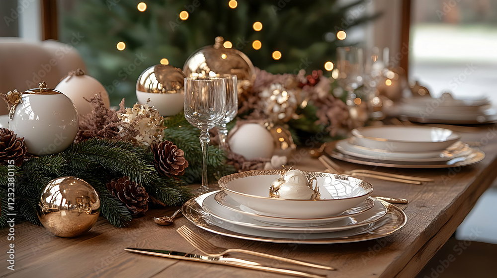 Elegant Christmas Table Setting Decorates Festive Dining with Golden Accents and Ornaments Beautifully. Elegant Christmas Table Setting Decorates Festive Dining with Golden Accents and Ornaments Beautifully.