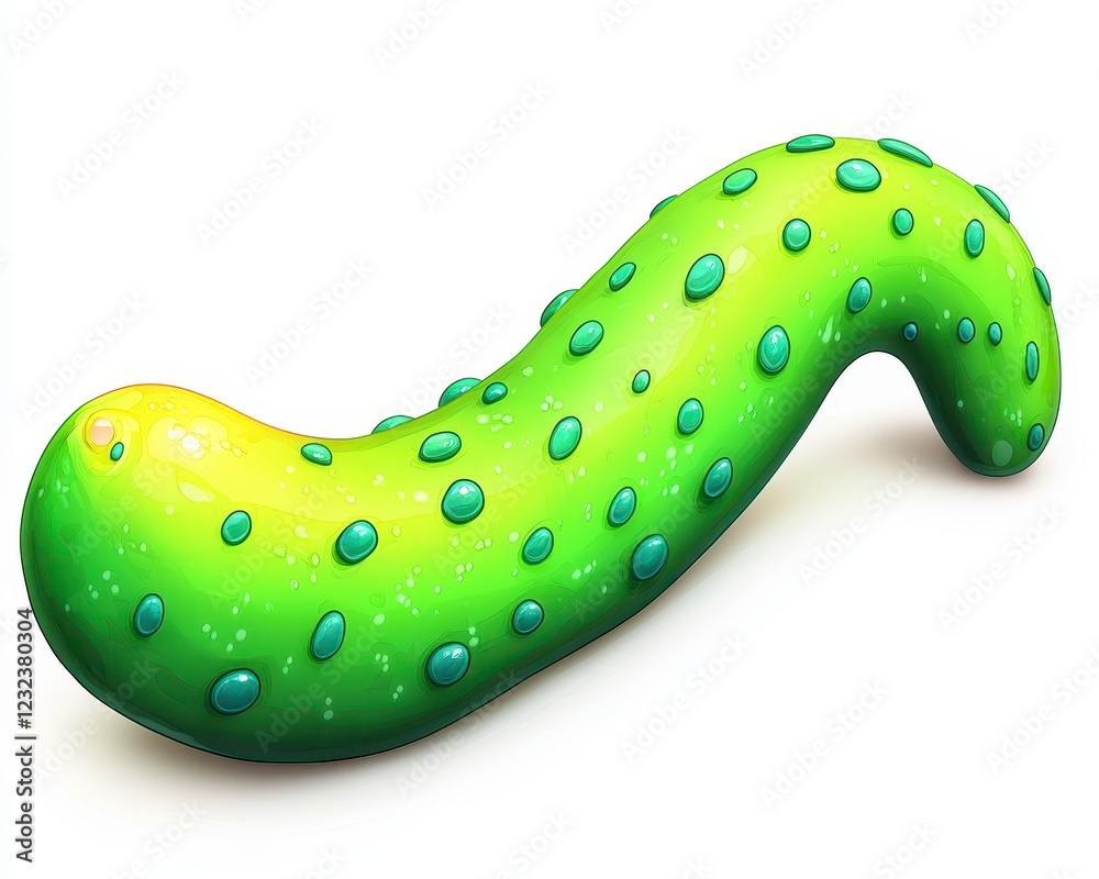 Cartoon illustration of a green bumpy pickle with light green and yellow gradient, isolated on a white background. The pickle is curved and has a Cartoon illustration of a green bumpy pickle with light green and yellow gradient, isolated on a white background. The pickle is curved and has a