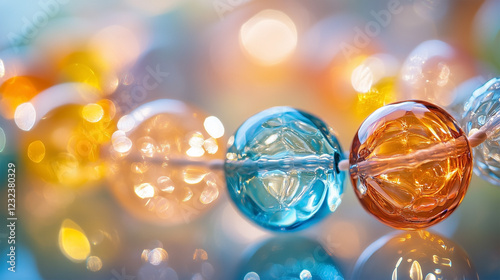 A necklace made of glass beads with a blue and orange bead