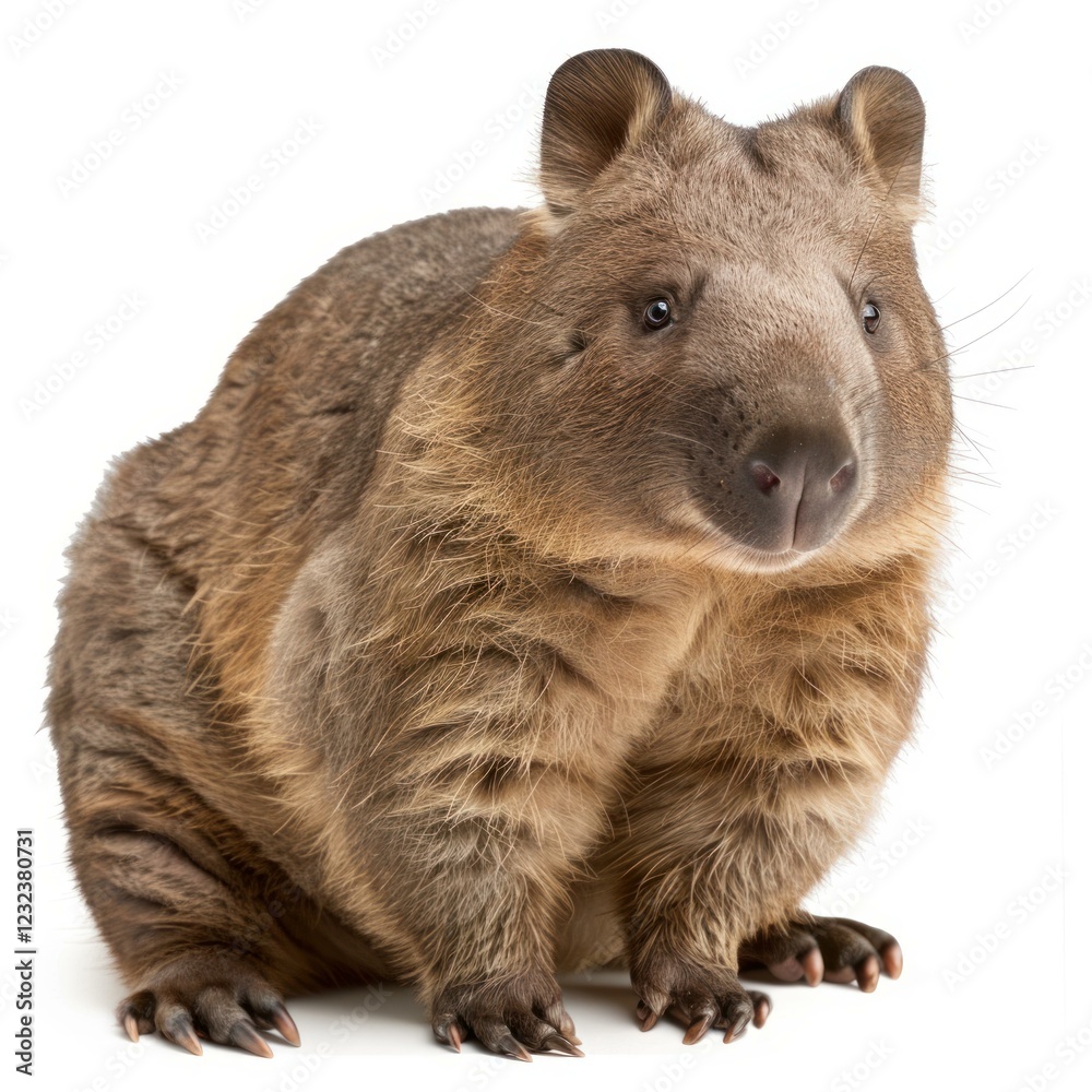 Studio shot of a southern hairy nosed wombat sitting and looking curious, isolated on white Studio shot of a southern hairy nosed wombat sitting and looking curious, isolated on white