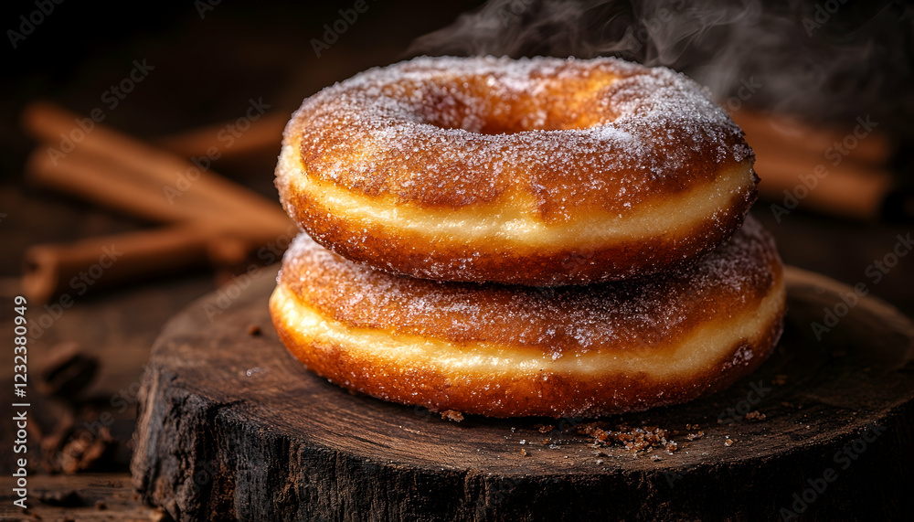 Photo Warm, Sugary Donuts, Cinnamon Sticks, Rustic Wood Photo Warm, Sugary Donuts, Cinnamon Sticks, Rustic Wood