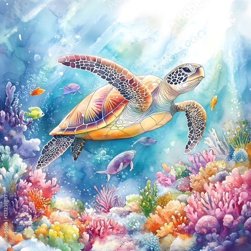 Underwater coral reef with fish and a sea turtle swimming in the ocean