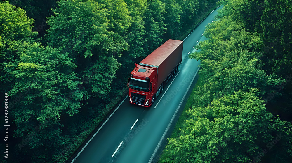 Fototapeta premium Red Truck Transports Goods Through Lush Forest on Winding Road Smoothly and Efficiently on a Sunny Day