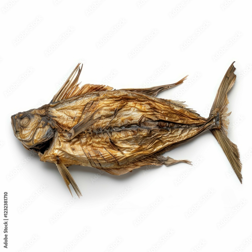 Dried fish isolated on white background, preserving seafood through traditional drying methods Dried fish isolated on white background, preserving seafood through traditional drying methods