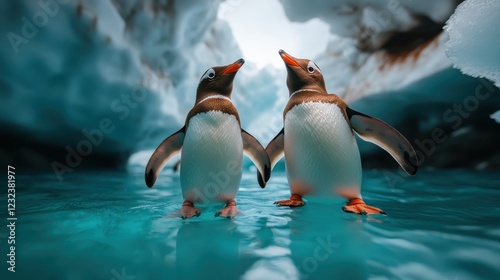 Two cheerful penguins swim gracefully in crystal-clear water surrounded by ice, showcasing the enchanting beauty of their natural habitat and the joy they bring.
