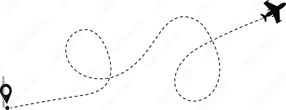 Airplane flight path with dashed lines and location marker. Airplane flight route with start point. Airplane flight path with dashed lines and location marker. Airplane flight route with start point.