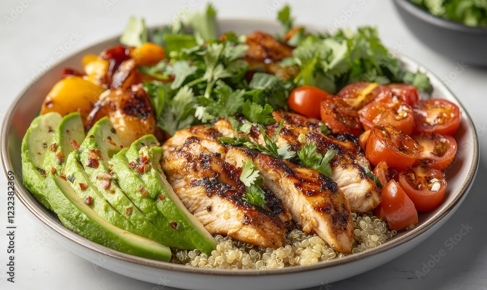 Bowl with chicken, avocado, tomatoes, and quinoa. Bowl with chicken, avocado, tomatoes, and quinoa.