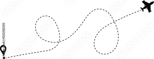 Airplane flight path with dashed lines and location marker. Airplane flight route with start point.
