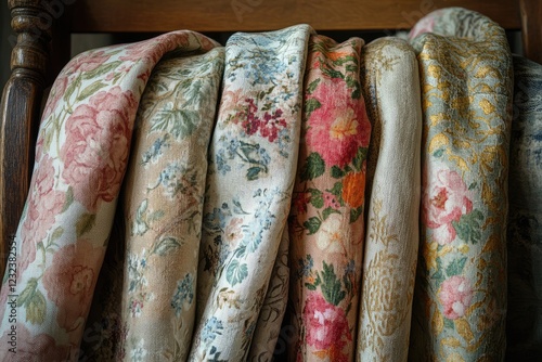 A collection of vintage fabrics with delicate floral patterns, draped elegantly over a wooden chair