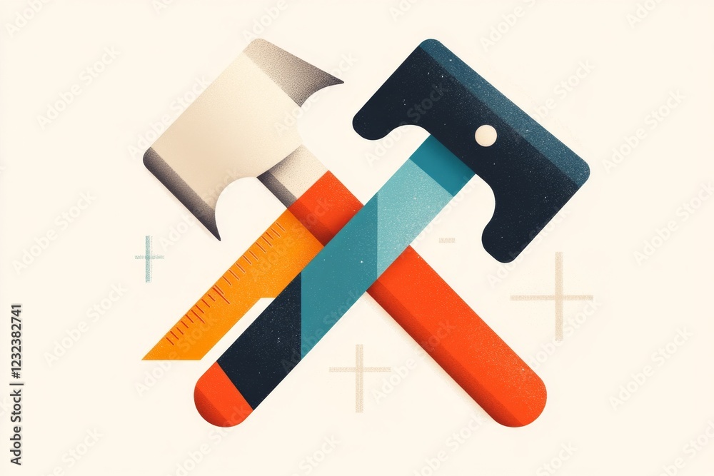 A clean, flat icon of a hammer and ruler crossed over each other, representing construction and design, with muted tones on a plain canvas A clean, flat icon of a hammer and ruler crossed over each other, representing construction and design, with muted tones on a plain canvas