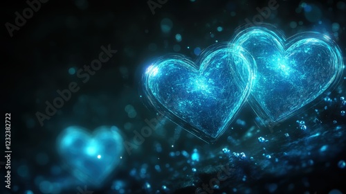 Glowing Blue Hearts in a Dreamlike Night Scene with Sparkling Particles and Ethereal Atmosphere