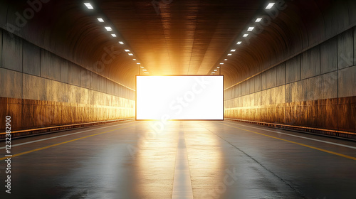 Fototapeta Naklejka Na Ścianę i Meble -  Empty Underground Tunnel with Blank Billboard Illuminated by Bright Light at End