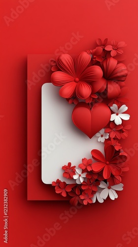 Valentines Day greeting card, handwritten message and floral details, 3D illustration