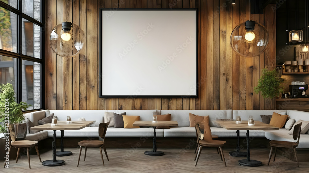 Modern Cafe Interior Design Showcases a Blank Frame on a Wooden Wall, Creating a Cozy Atmosphere for Diners. Modern Cafe Interior Design Showcases a Blank Frame on a Wooden Wall, Creating a Cozy Atmosphere for Diners.