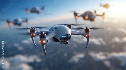 A fleet of advanced AI controlled drones forming a coordinated swarm exploring the skies with precision and purpose