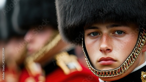 Close-up portrait of a young guardsman in a bearskin hat.
