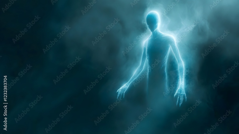 A ghostly figure of an alien, floating in the darkness with an ethereal light around it
A ghostly figure of an alien, floating in the darkness with an ethereal light around it