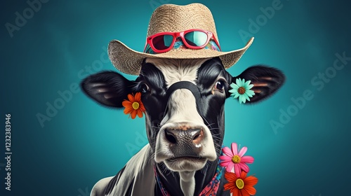 A stylish cow wearing a hat and sunglasses.
