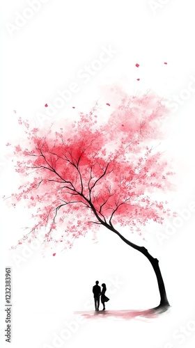 a watercolor painting of a couple under cherry blossoms, romantic scenery, soft pastel, isolated on white background