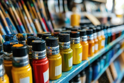 A contemporary art supply store with an array of vibrant paints, brushes, and canvases