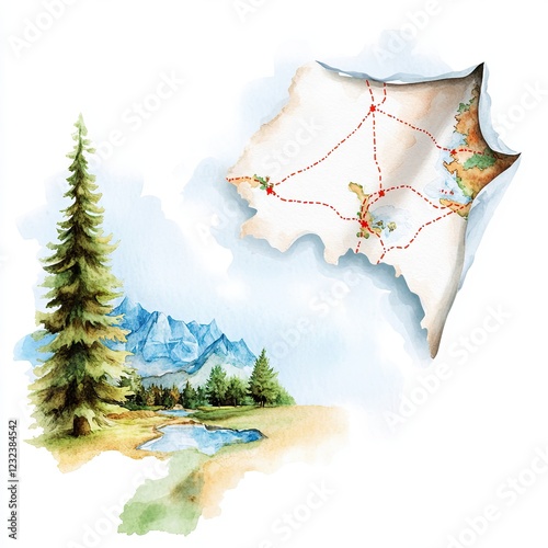 scenic illustration featuring map and forest landscape with mountains, watercolor clipart