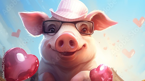 Cute pig holding hearts with a happy expression.