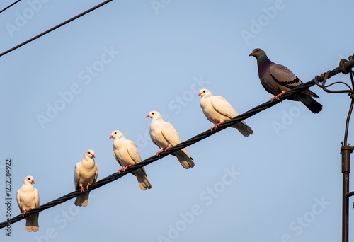 Birds perching on power lines, mostly white pigeons, one grey bird on the right, clear sky, nature in the city, electrical cables, urban wildlife, birds on wire, urban scene, animal photography, pigeo photo