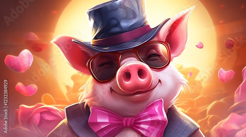 Charming pig with stylish accessories and hearts.