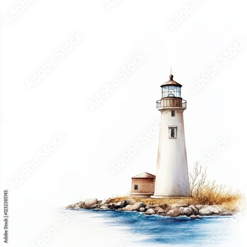 serene lighthouse stands by calm water, surrounded by rocks and nature, watercolor clipart