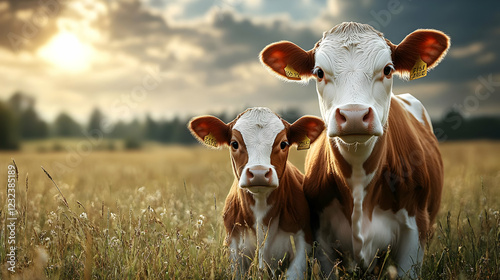A cow and her calf stand to...