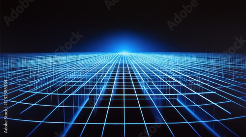 Blue glowing grid lines recede to horizon on black, background for technology or future projects