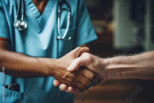 Doctor shaking hands with elderly patient, showing support and empathy in a medical setting