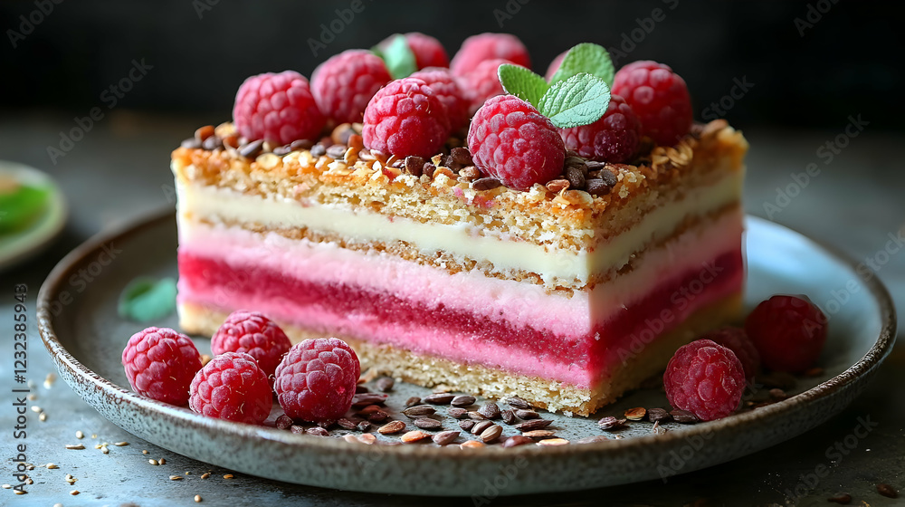 Delicious Raspberry Cake displays layered dessert elegantly with fresh raspberries and seeds beautifully. Delicious Raspberry Cake displays layered dessert elegantly with fresh raspberries and seeds beautifully.