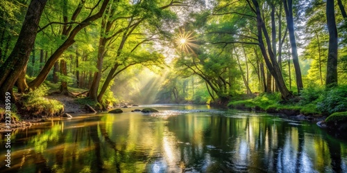 Dense foliage and towering trees surround a serene and tranquil river, with sunlight filtering through the leaves creating dappled patterns on the forest floor , forest floor, peaceful river