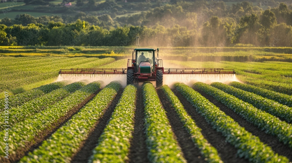 Agricultural machinery spraying crops in a farm field, with lush greenery in the background. Agricultural machinery spraying crops in a farm field, with lush greenery in the background.