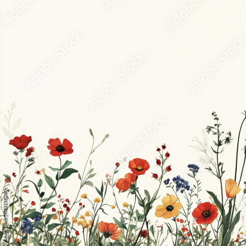 Colorful wildflowers on a white background.