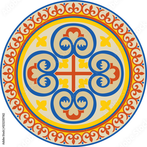 Vector colored round classic byzantine ornament. Circle, ring, border, Ancient Greece, Eastern Roman Empire frame. Decoration of the Russian Orthodox Church