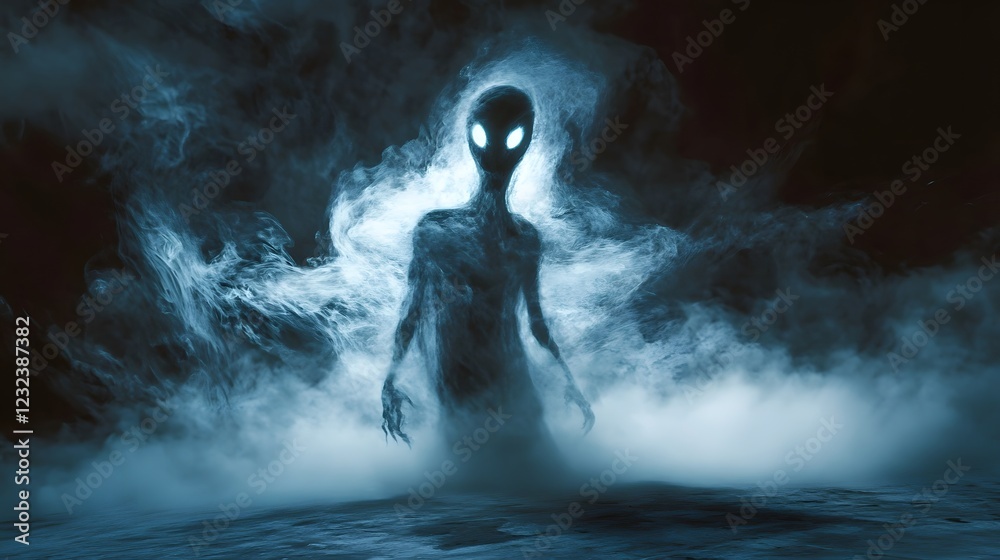 Fototapeta premium A ghostly figure of an alien, floating in the darkness with an ethereal light around it 