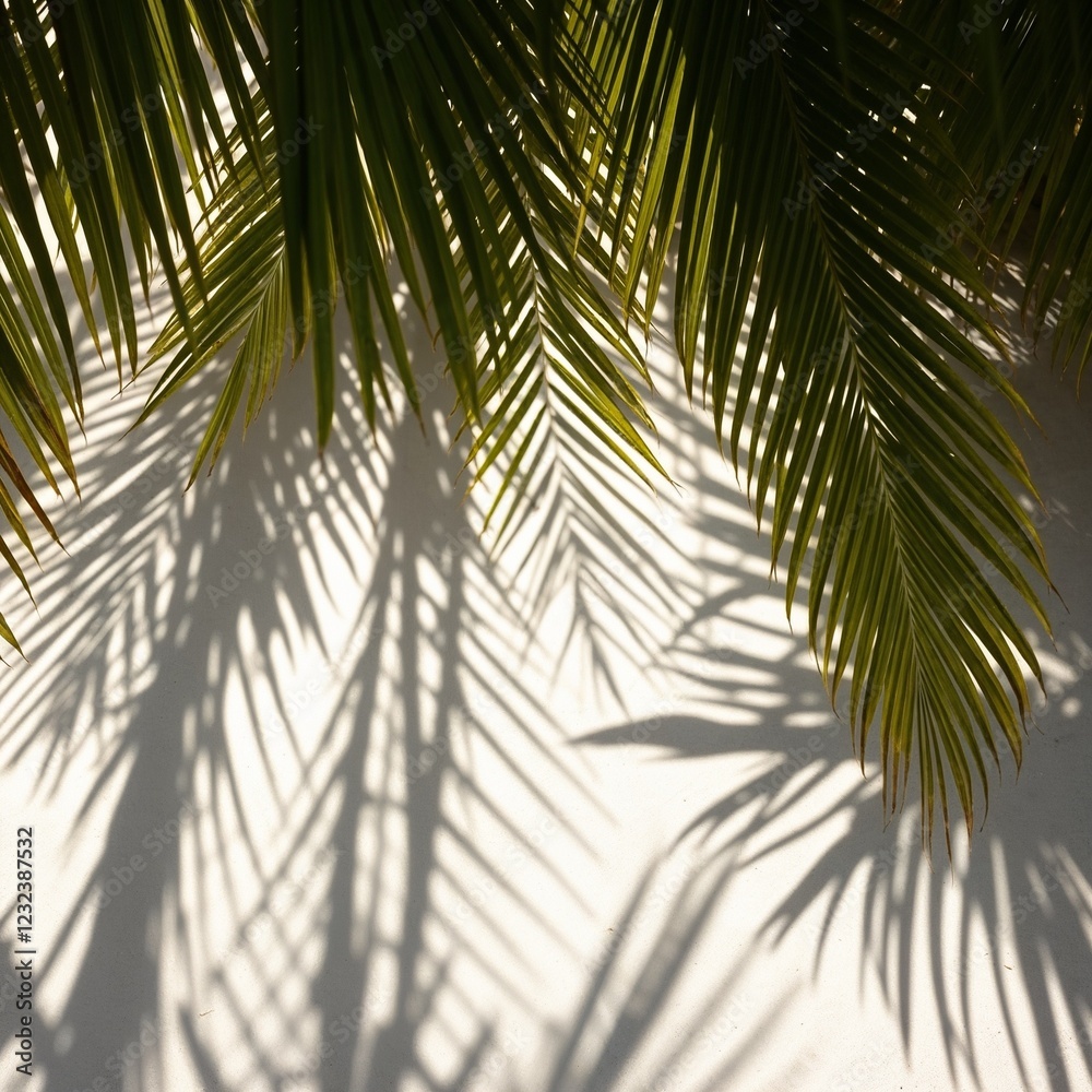 Palm leaves casting shadows on white sand
Palm leaves casting shadows on white sand