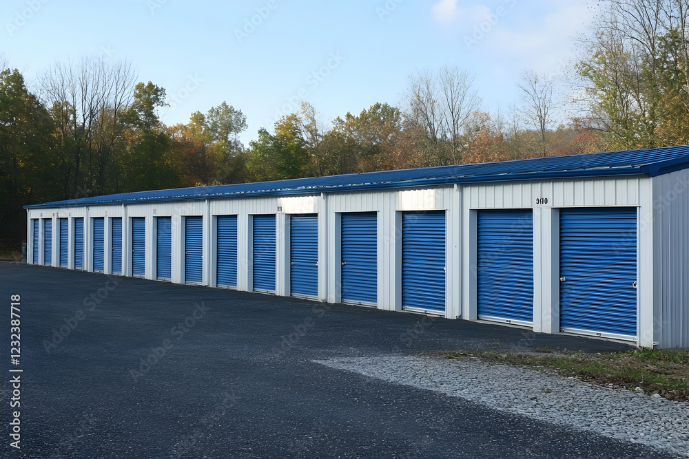 Depth of field view of a row of self-storage units with blue shutter doors, presenting an organized and professional appearance Depth of field view of a row of self-storage units with blue shutter doors, presenting an organized and professional appearance