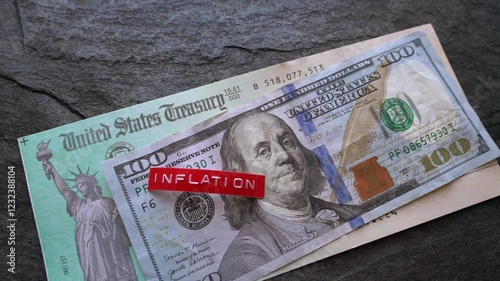 Red inflation label with hundred dollar bill and social security check, slow motion zoom