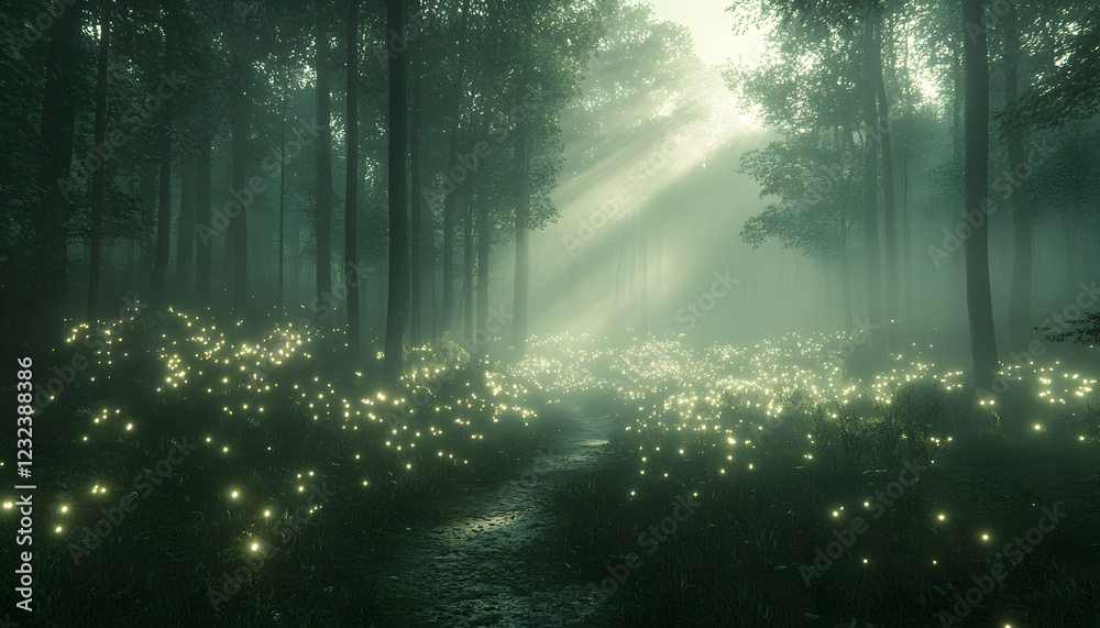 Fototapeta premium 3D Illustration - Enchanted Forest Path with Glowing Fireflies, Mist, and Sunlight