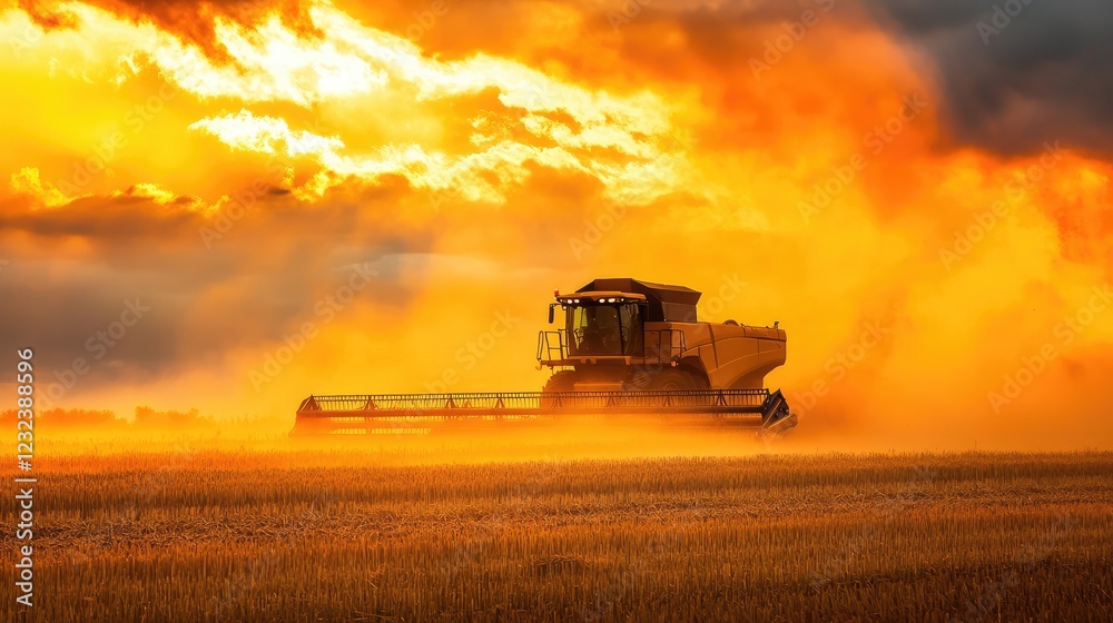 Fototapeta premium A combine harvester in motion under a golden sky, as the last of the summer crops are collected.