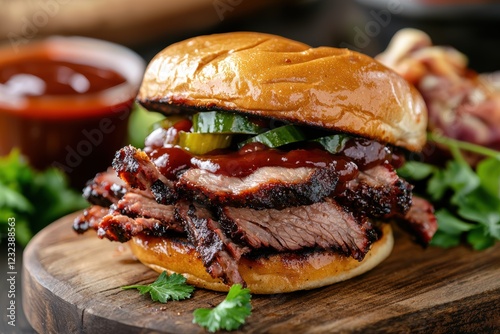Chopped Brisket Sandwich with Homemade BBQ Sauce on Wooden Board