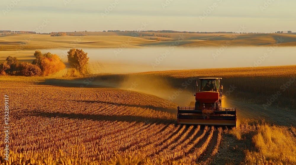 Fototapeta premium A crop harvester machine cutting down rows of crops, with the morning fog clearing from the field.
