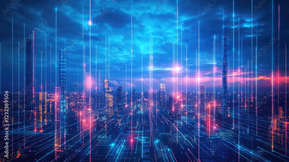 A digital cityscape with illuminated skyscrapers, glowing against the night sky. A digital cityscape with illuminated skyscrapers, glowing against the night sky.