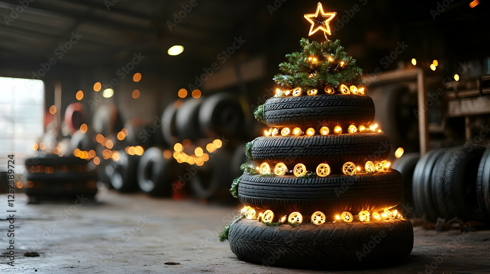Obraz premium Christmas Tree Made from Tires Decorated with Lights in a Garage, Festive Holiday Cheer