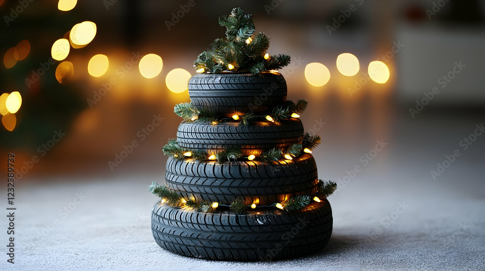 Obraz premium Christmas Tree Made of Car Tires Decorated with Lights and Pine Branches Beautifully Illuminated