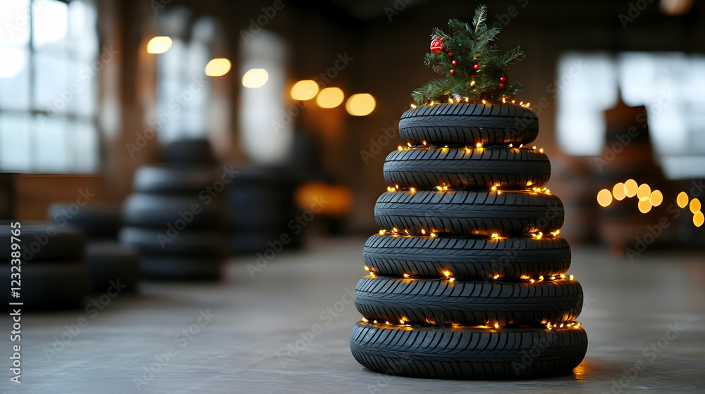 Obraz premium Christmas Tree Made of Tires Decorated with Warm Lights and Ornaments