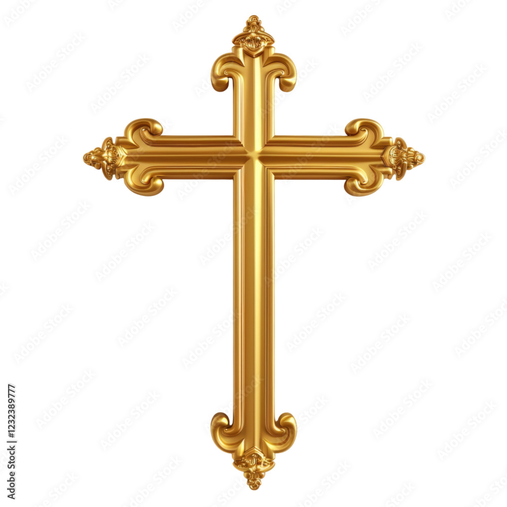 A golden cross, a simple and exquisite metal gold decoration on the wall of an ancient church in the front view A golden cross, a simple and exquisite metal gold decoration on the wall of an ancient church in the front view